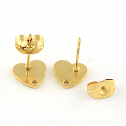 Golden 304 Stainless Steel Heart Stud Earring Findings, with Loop and Flat Plate, Golden, 8x8mm, Hole: 1mm, pin: 0.8mm