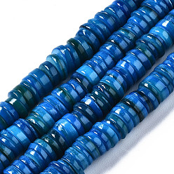 Стально-синий Естественных пресноводных оболочки бисер нитей, окрашенные, Плоский круглый / диск, Heishi бусы, стальной синий, 6x6x1~2.5 мм, отверстие : 1 мм, около 201~208 шт / нитка, 15.20~15.43 дюйм (38.6~39.2 см)