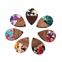 Mixed Color Transparent Resin & Walnut Wood Pendants, with Gold Foil, Teardrop Charm, Mixed Color, 36x24.5x3mm, Hole: 2mm