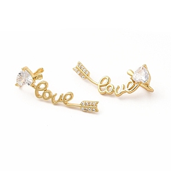 Real 18K Gold Plated Rack Plating Brass Micro Pave Cubic Zirconia Stud Earrings for Women, Long-Lasting Plated, Lead Free & Cadmium Free, Arrow with Word Love, Real 18K Gold Plated, 31.5x9mm, Pin: 2x1mm