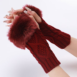 Dark Red Polyacrylonitrile Fiber Yarn Knitting Fingerless Gloves, Fluffy Winter Warm Gloves with Thumb Hole, Dark Red, 200~260x125mm