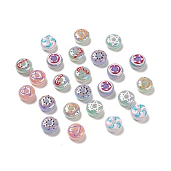 Mixed Color UV Plating Opaque Rainbow Iridescent Acrylic Beads, with Enamel, Flat Round with Star/Moon/Heart/Candy Cane Pattern, Mixed Color, 16x7.5~8.5mm, Hole: 3.7mm