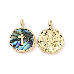 Cross Natural Abalone Shell/Paua Shell Pendants, with Real 18K Gold Plated Brass Findings, Cadmium Free & Lead Free, Long-Lasting Plated, Flat Round Charm, Cross Pattern, 18x13.5x2mm, Hole: 2x3mm