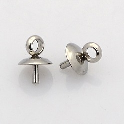 Stainless Steel Color 201 Stainless Steel Cup Pearl Peg Bails Pin Pendants, For Half Drilled Beads, Stainless Steel Color, 7x4mm, Hole: 1.5mm, Pin: 0.7mm