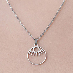 Stainless Steel Color 201 Stainless Steel Hollow Eye Pendant Necklace, Stainless Steel Color, 17.72 inch(45cm)