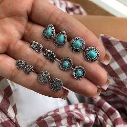 Antique Silver 6 Pairs 6 Style Flower & Heart & Teardrop Synthetic Turquoise Stud Earrings with Rhinestone, Alloy Jewelry for Women, Antique Silver, 8~13mm, 1 Pair/style