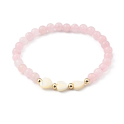 Quartz Rose Bracelets en perles extensibles, avec des perles de coquillage trochidées naturelles cœur, perles rondes de quartz rose naturel et perles en laiton plaqué or, diamètre intérieur: 2-1/8 pouce (5.5 cm)