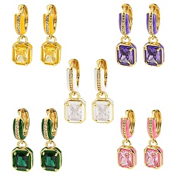 Mixed Color Rack Plating Real 18K Gold Plated Brass Enamel Rectangle Dangle Hoop Earrings, with Cubic Zirconia, Lead Free & Cadmium Free, Mixed Color, 28x9.5mm