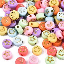 Golden Plated Opaque Mixed Color Acrylic Beads, Metal Enlaced, Flat Round with Golden Star & Flower & Moon & Heart, 7x4mm, Hole: 1.5mm, about 3600pcs/500g