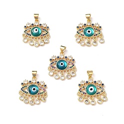 Cyan Lampwork Evil Eye Pendants with Colorful Cubic Zirconia, Real 18K Gold Plated Brass Findings, Lead Free & Cadmium free, Cyan, 27x22.5x4.5mm, Hole: 4x3.5mm