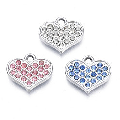 Mixed Color Alloy Charms, with Rhinestone, Cadmium Free & Nickel Free & Lead Free, Heart, Platinum, Mixed Color, 13.5x15x2mm, Hole: 2mm