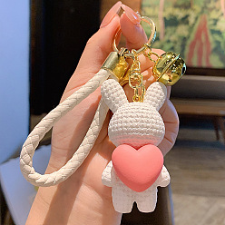 WhiteSmoke Rabbit with Heart Resin Keychain, with Alloy Findings and Bell, WhiteSmoke, 7x3.5cm