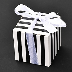 White Square Foldable Creative Paper Gift Box, Stripe Pattern with Ribbon, Decorative Gift Box for Weddings, White, 55x55x55mm