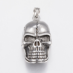 Antique Silver 304 Stainless Steel Pendants, Skull Head, Antique Silver, 35.5x20x13.5mm, Hole: 6mm