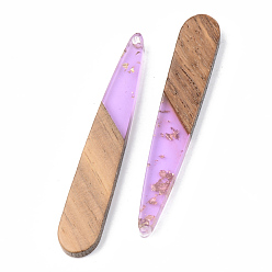 Lilas Pendentifs en résine transparente et bois de noyer, une feuille d'or, larme, lilas, 44x7.5x3mm, Trou: 1.5mm