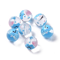 Cloud Transparent Glass Beads, with Enamel, Round, Sky Blue, Cloud Pattern, 14~15x13~13.5mm, Hole: 1.5~1.6mm