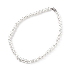 White Glass Pearl Round Beaded Necklace for Men Women, White, 20-1/4 inch(51.5cm), Beads: 10mm