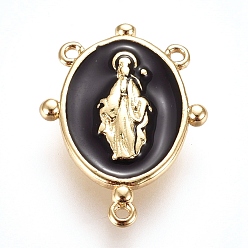 Black Golden Plated Brass Chandelier Component Links, with Enamel, Oval with Virgin Mary, Black, 17.5x13x2mm, Hole: 0.8mm