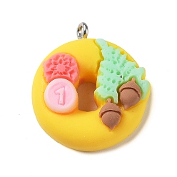 Yellow Opaque Resin Imitation Food Pendants, Donut Charms with Platinum Plated Iron Loops for DIY Necklace, Yellow, 26.5x24x8mm, Hole: 1.9mm