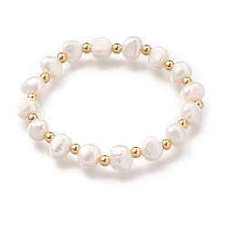 Golden Stretch Beaded Bracelets, with 304 Stainless Steel Round Beads and Shell Pearl Beads, Seashell Color, Golden, Inner Diameter: 1-7/8 inch(4.7cm)