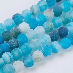 Deep Sky Blue Natural Weathered Agate Beads Strands, Dyed, Frosted, Round, Deep Sky Blue, 6mm, Hole: 1mm, about 64pcs/strand, 13.6 inch