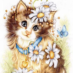 Couleur Mélangete Kits de peinture de diamant de thème de chat de rectangle de diy, y compris la toile, strass de résine, stylo collant diamant, plaque de plateau et pâte à modeler, chat avec fleur, couleur mixte, 400x300mm
