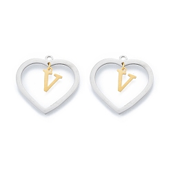 Letter V 201 Stainless Steel Pendants, Hollow, Heart with Letter A~Z, Real Gold Plated & Stainless Steel Color, Letter.V, 29x29.5x1mm, Hole: 2mm, A~Z: 12x8~10.5x1mm