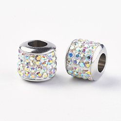 Crystal AB 304 Stainless Steel European Beads, with Grade A Rhinestone, Large Hole Beads, Barrel, Crystal AB, 10x9.5mm, Hole: 5mm
