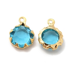 Deep Sky Blue Eco-Friendly Glass Charms, with Brass Findings, Long-Lasting Plated, Cadmium Free & Lead Free, Flat Round, Real 24K Gold Plated, Deep Sky Blue, 9x6.5x3mm, Hole: 1mm