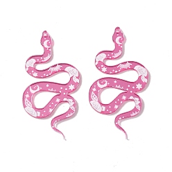 Rose Chaud Pendentifs acryliques opaques, breloques serpent avec motif fleur et lune, rose chaud, 48.5x25x1.5mm, Trou: 1.2mm