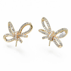 Real 18K Gold Plated Brass Micro Pave Clear Cubic Zirconia Earring Findings, for Half Drilled Beads, Nickel Free, Bowknot, Real 18K Gold Plated, 14x17mm, Pin: 0.8mm, pin: 0.8mm(for half drilled beads)