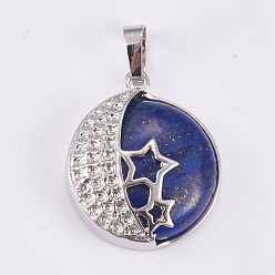 Lapis Lazuli Natural Lapis Lazuli Pendants, with Brass Findings, Flat Round with Star, Platinum, Dyed, 26x23x9mm, Hole: 5x7mm
