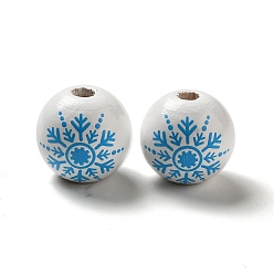 White Christmas Snowflake Printed Wood European Beads, Large Hole Beads, Round, White, 16mm, Hole: 4mm