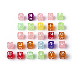 Mixed Color Transparent Large Hole Acrylic European Beads, Horizontal Hole, Cube with Letter, Mixed Color, 6x6x6mm, Hole: 3.5~4mm, about 3200~3600pcs/500g
