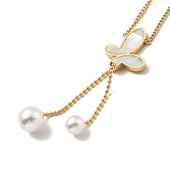 Golden Synthetic White Shell Heart with Plastic Pearl Pendant Necklace, Ion Plating(IP) 304 Stainless Steel Jewelry for Women, Golden, 15.87 inch(40.3cm)