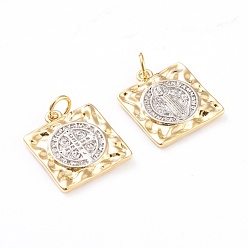 Real 18K Gold Plated Brass Pendants, with Jump Rings, Long-Lasting Plated, Square with Saint Benedict Medal, Real 18K Gold Plated & Platinum, 17.4x15x2mm, Hole: 3.5mm