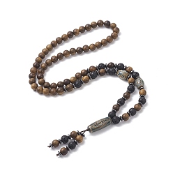 Coconut Brown Natural Lava Rock & Synthetic Hematite & Wood Buddhist Necklace, Natural Agate Dzi Lariat Necklace for Women, Coconut Brown, 26.77 inch(68cm)