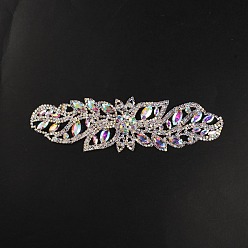 Silver Glass Crystal AB Rhinestone Applique, with Brass Sttings, for Bridal Belt, Wedding Dress Decoration, Leaf, Silver Color Plated, 52x240x6mm