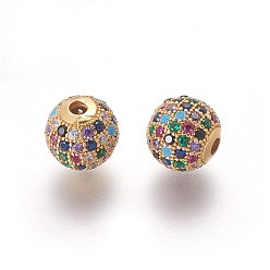 Golden Brass Micro Pave Cubic Zirconia Beads, Round, Colorful, Golden, 10x9.5mm, Hole: 2mm
