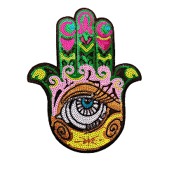 Colorful Hamsa Hand with Evil Eye Computerized Embroidery Cloth Iron on/Sew on Sequin Patches, Costume Accessories, Colorful, 270x220mm