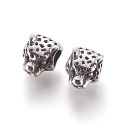 Antique Silver 304 Stainless Steel European Beads, Large Hole Beads, Leopard Head, Antique Silver, 14x10.7x9mm, Hole: 5mm