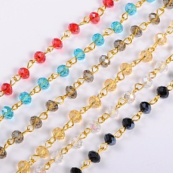 Mixed Color Handmade Rondelle Glass Beads Chains for Necklaces Bracelets Making, with Golden Iron Eye Pin, Unwelded, Mixed Color, 39.3 inch, Glass Beads: 6x4mm