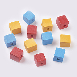 Mixed Color Natural Wood Beads, Dyed, Cube, Mixed Color, 15~17x16x15~15.5mm, Hole: 4~5mm