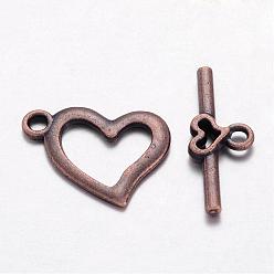 Red Copper Alloy Toggle Clasps, Cadmium Free & Lead Free, Red Copper, Heart: 15x19mm, hole: 1.8mm, Bar: 22x9mm, Hole: 1.8mm.