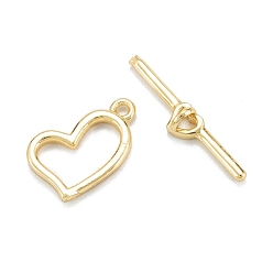 Real 18K Gold Plated Brass Toggle Clasps, Long-Lasting Plated, Heart, Real 18K Gold Plated, Heart: 13.5x15x2mm, Hole: 1.4mm, Bar: 4x22x2mm, Hole: 1.4mm