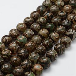 3-Œil Style tibétain 3 -eye dzi brins de perles, perles en agate naturelles, teints et chauffée, ronde, vert olive foncé, 11.5~12mm, Trou: 2mm, Environ 30 pcs/chapelet, 14.2 pouces (360 mm)