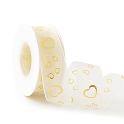 Heart 10 Yards Gold Stamping Heart Chiffon Ribbons, Garment Accessories, Gift Packaging, Heart, 1 inch(25mm)