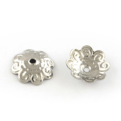 Stainless Steel Color 8-Petal Flower Smooth Surface 201 Stainless Steel Bead Caps, Stainless Steel Color, 10x3mm, Hole: 1mm