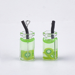 Green Yellow Glass Bottle Pendants, with Resin, Plastic and Iron Findings, Fruit Tea Charms, Platinum, Green Yellow, 25~28x10mm, Hole: 1.8mm