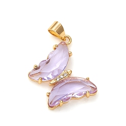 Lilac Glass Pendants, with Brass Clear Micro Pave Cubic Zirconia, Butterfly, Golden, Lilac, 24x21x4mm, Hole: 5.5x3.5mm